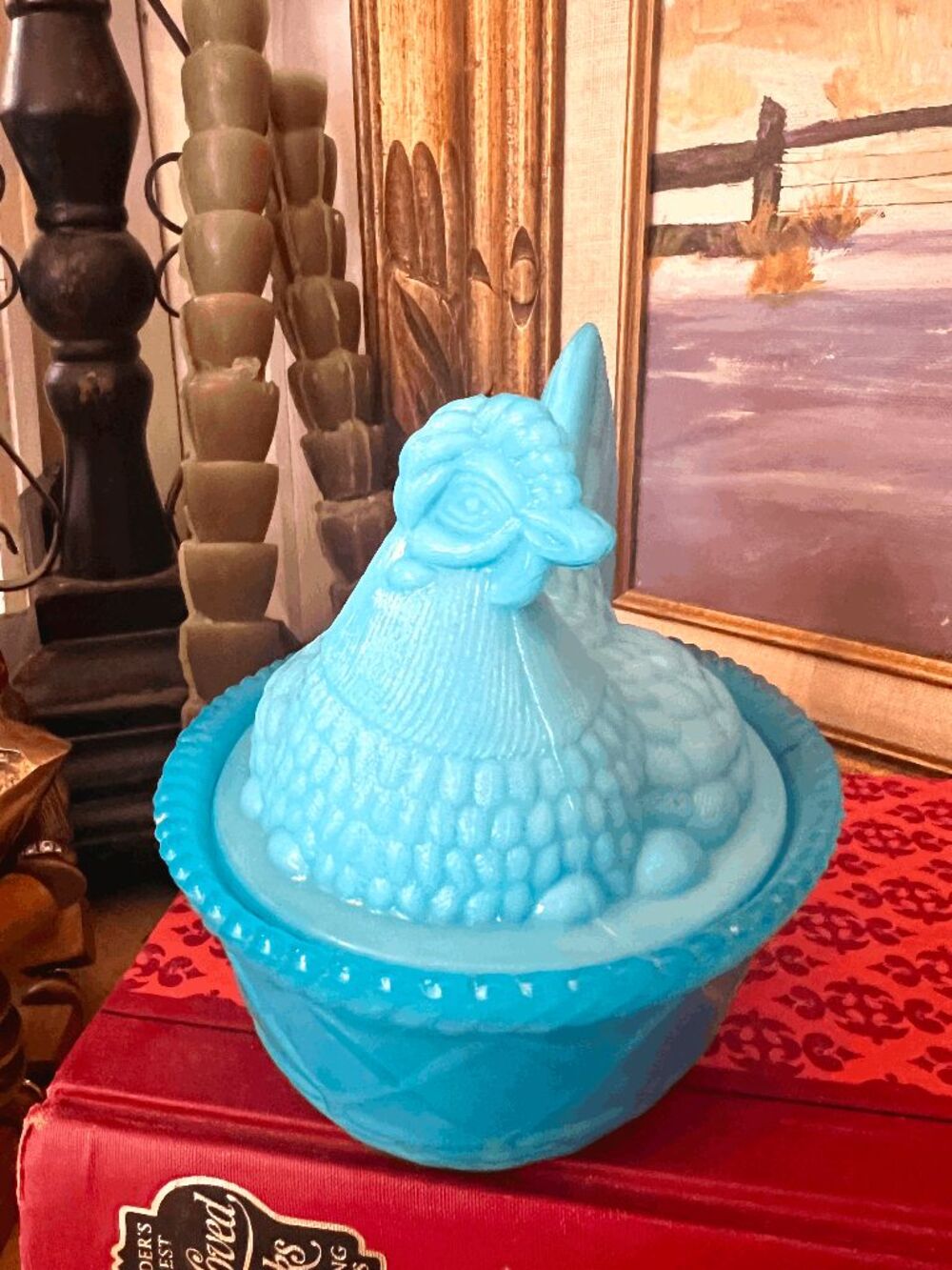 Vintage Westmoreland Blue Milk Glass Hen on Nest Covered Dish Basket Weave USA